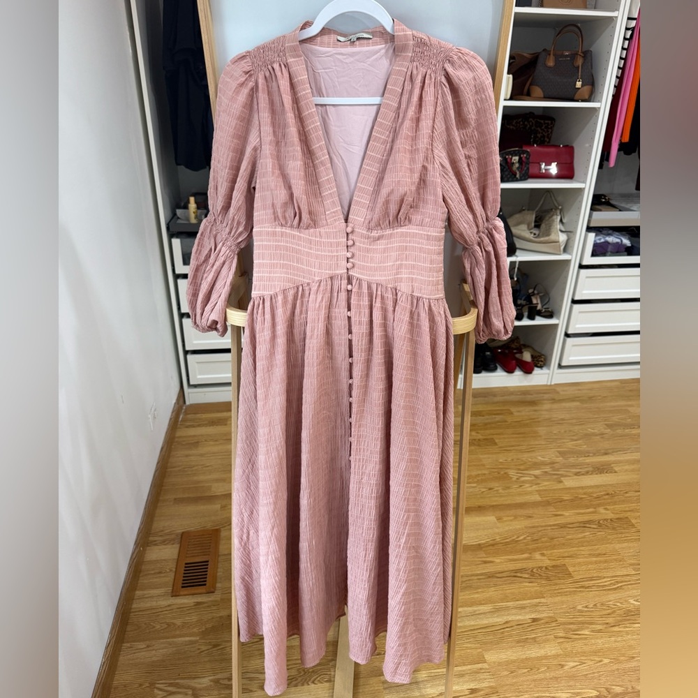 Chic Mauve V-Neck pink  cottage core puff sleeve shirt dress